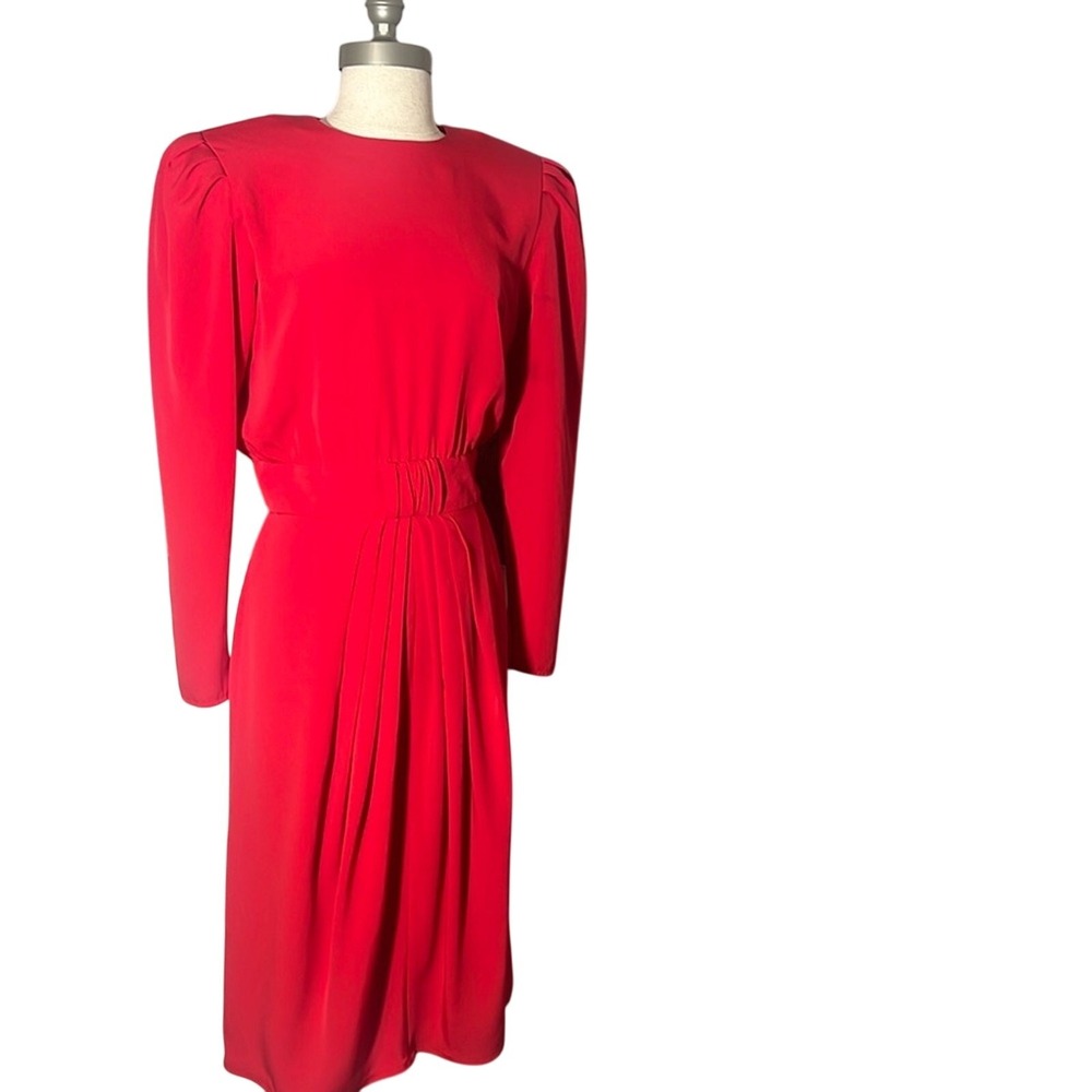 Maggy Boutique Vintage Red Puff Shoulder Pleated Waist Midi Dress Size 10